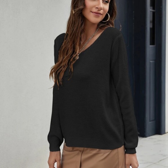 Boho Classic black v neck knit sweater fall chic - Picture 2 of 3